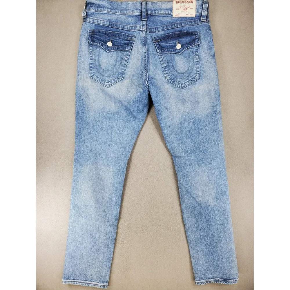 True Religion Geno Relaxed Slim Jeans Mens 38 Blue Distressed Ripped‎ Denim